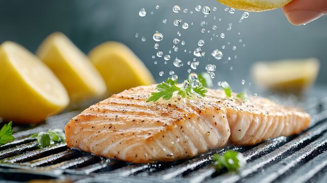 A slice of lemon being squeezed over a perfectly grilled fillet of fish, droplets of juice glistening against the crispy skin, Picture taken by Nikon Z7 35mm+ lens