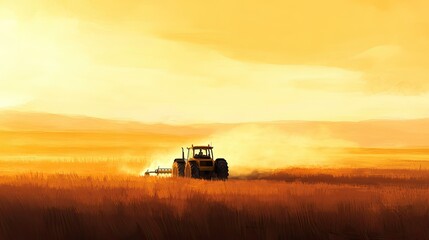Fototapeta premium A tractor harvesting corn in a vast field, with dust rising in the golden afternoon light.