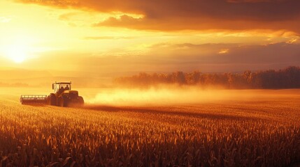 Fototapeta premium A tractor harvesting corn in a vast field, with dust rising in the golden afternoon light.