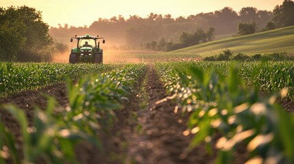 Fototapeta premium A tractor moving through a cornfield at dawn, with soft morning light illuminating the plants.
