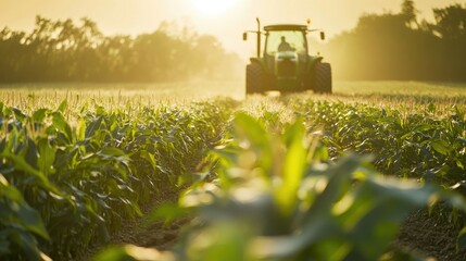 A tractor moving through a cornfield at dawn, with soft morning light illuminating the plants.