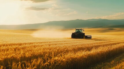 Obraz premium A tractor plowing through a barley field, with golden crops ready for harvest under the afternoon sun.