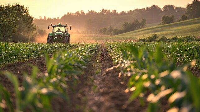 Fototapeta A tractor moving through a cornfield at dawn, with soft morning light illuminating the plants.