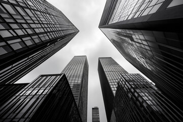 Low-angle view of modern skyscrapers with glass facades reflecting the cloudy sky, creating a dramatic and imposing cityscape in an urban environment.