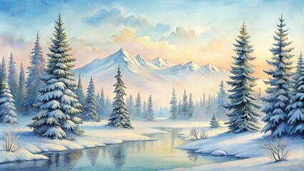 Fototapeta premium A Serene Winter Landscape with Snow-Capped Mountains, Evergreen Trees, and a Winding River Reflecting the Tranquil Sky