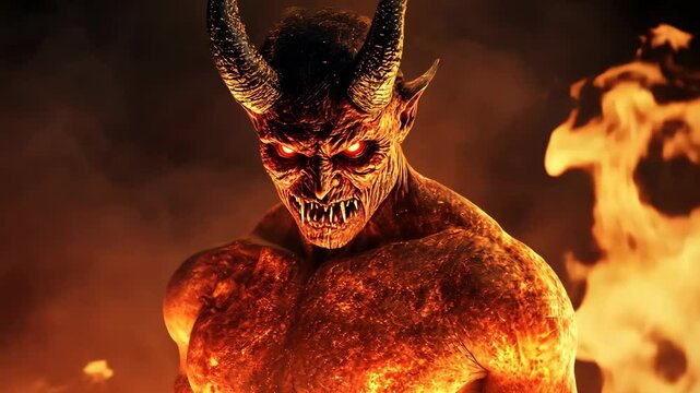 A demon with horns stands in flames, his red eyes glowing, his face contorted in a menacing expression