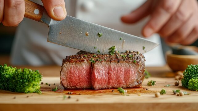 A chief's knife slicing through a medium-rare steak, revealing the tender, juicy interior, Picture taken by Nikon Z7 35mm+ lens