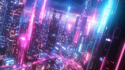 Fototapeta premium Neon Cityscape with Futuristic Towers and Vibrant Lights