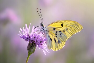 Obraz premium A close-up of a butterfly perched delicately on a purple wildflower wings stretched out in full detail