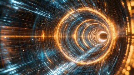 Obraz premium Abstract Digital Tunnel with Glowing Orange and Blue Rings
