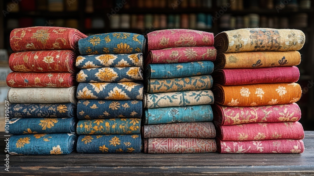 Poster colorful stacked fabrics with intricate patterns for textile design.