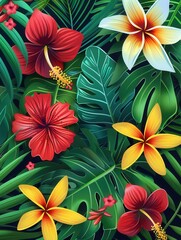 This collection features large tropical leaves intertwined with striking flowers in bright colors, embodying a lively natural setting. Generative AI
