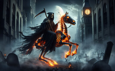 Fototapeta premium The Grim Reaper rides a skeletal horse engulfed in flames, galloping through a dark, gothic city under a full moon. This image symbolizes death, mystery, the afterlife, and the unknown.