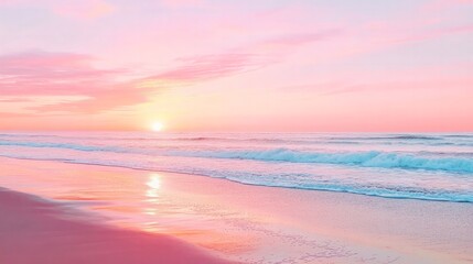 Fototapeta premium A vibrant pink sunset casting a soft glow over a serene beach, with gentle waves lapping against the shore.