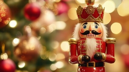 A whimsical and festive Nutcracker figurine stands tall, adorned in vibrant colors and intricate detailing. This classic holiday decoration features a soldier-like design with a painted face,