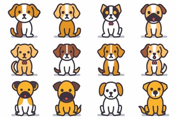 Cute dog icon set, pet animal flat symbols, puppy icons silhouettes, funny dog character pictogram