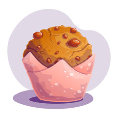 Chocolate chip muffin on white background. Vector illustration.