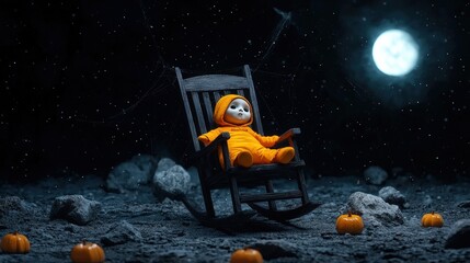 Fototapeta premium A child doll in an orange outfit relaxing on a rocking chair under a moonlit sky.