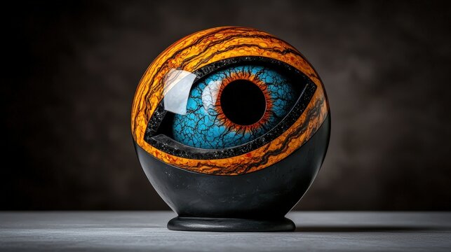 Artistic decorative sphere with eye design, isolated on a dark blurred background.
