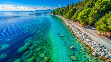 Stunning Aerial View of a Serene Sea and Pebble Beach Landscape for Stock Photography