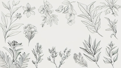 Fototapeta premium Intricate hand-drawn rose silhouettes in a delicate botanical art set, beautifully set against a white backdrop