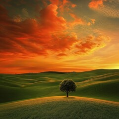 A vast green field with rolling hills and a lone tree standing under a vibrant orange sunset sky