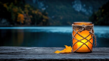 Candle jar glowing by the lake, surrounded by autumn leaves, serene atmosphere.