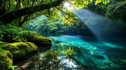 Crystal-clear waterfall cascades down mossy rocks amidst lush greenery in a secluded forest, forming a tranquil stream that winds its way through the natural landscape