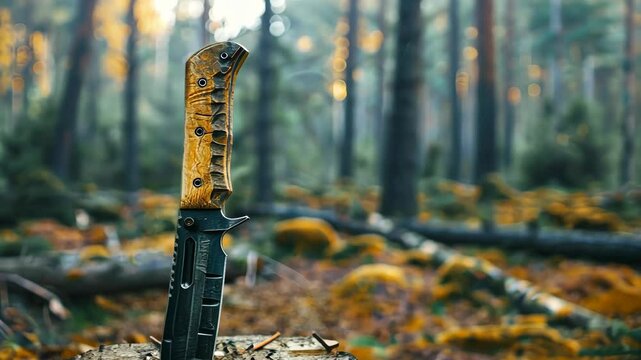 A large knife stands tall on a tree stump in a forest, surrounded by fallen leaves and branches
