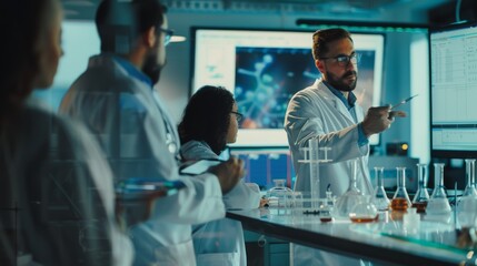 Obraz premium Scientists in a high-tech lab engage in research, surrounded by advanced technology and teamwork, exploring new scientific frontiers.