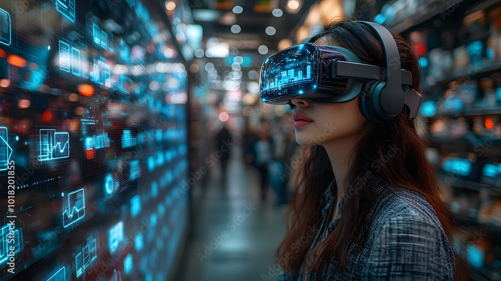 Poster woman experiencing virtual reality with data visualization and futuristic interface