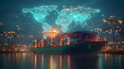 Obraz premium Global Shipping Network Cargo Ship at Port with World Map