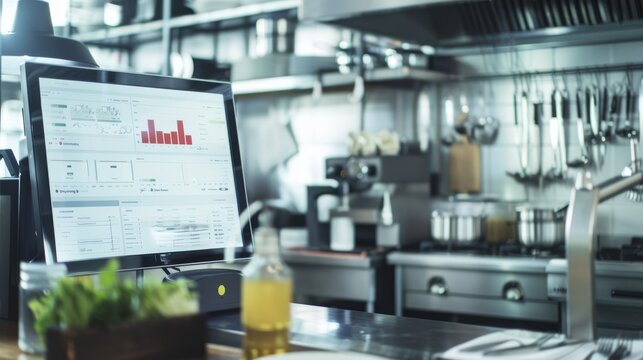 A modern kitchen workspace filled with high-tech screens displaying data, pots, and utensils, showcasing a mix of culinary focus and digital integration.