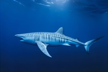 Fototapeta premium A grey shark swims through the blue waters of a vibrant Caribbean reef, showcasing its sharp teeth and predatory grace in the underwater ocean environment