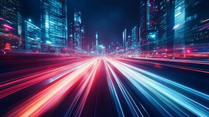 Fototapeta premium Cityscape at Night with Speeding Car Light Trails