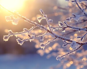 Obraz premium A close-up of frost-covered branches glistening in the early morning sunlight