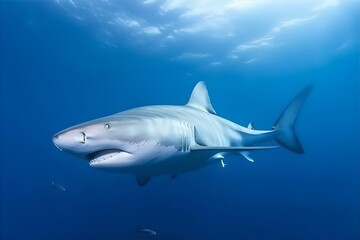 Naklejka premium A grey shark swims through the blue waters of a vibrant Caribbean reef, showcasing its sharp teeth and predatory grace in the underwater ocean environment