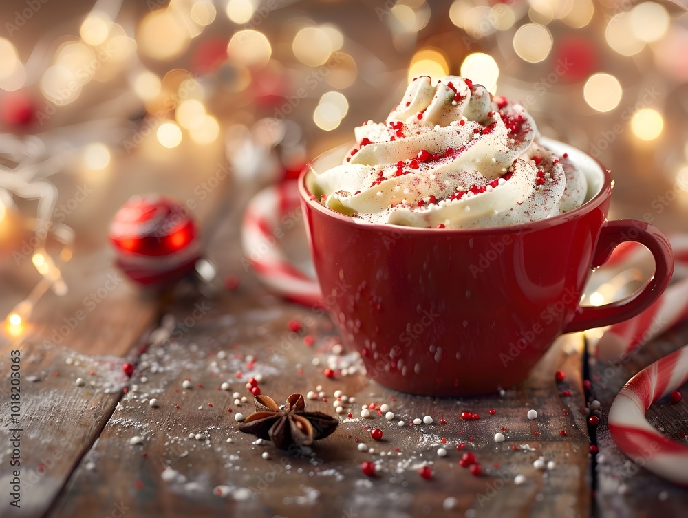 Poster Festive Cup of Coffee with Whipped Cream and Peppermint Sprinkles amid Holiday Decor and Twinkling Lights