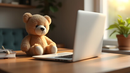 Warm and Cozy Home Office with a Teddy Bear and a Laptop on a Desk