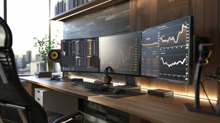 A high-tech trading desk setup with multiple curved monitors displaying real-time financial charts, creating a sleek and focused workspace atmosphere.