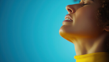 Person clenching their teeth, A close-up of a woman with curly hair, expressing emotion against a vibrant blue background, highlighting her features and mood.