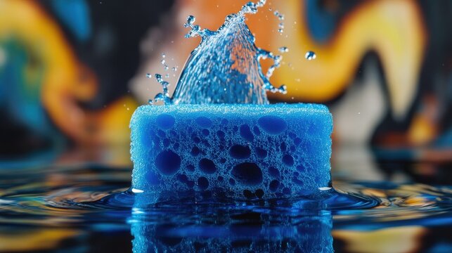 A vibrant blue sponge absorbing a large spill of water, with the surface slowly drying around it.