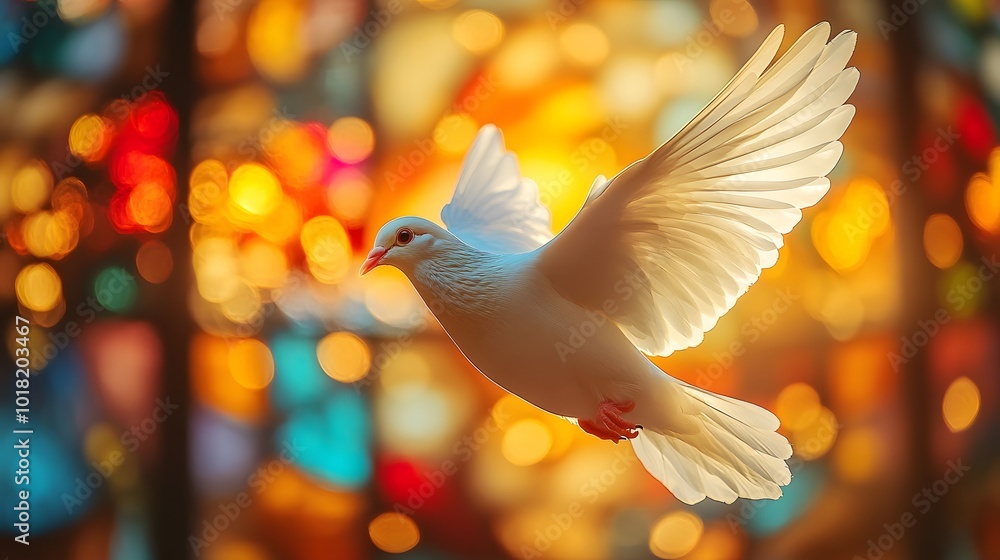 Poster white dove in flight with colorful bokeh background