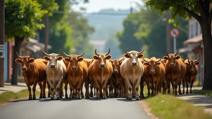 Peaceful Herd of Cattle Grazing in a Picturesque Street Setting Embodying Rural Harmony