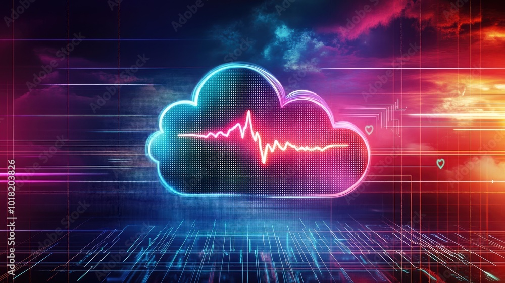 Poster a vibrant cloud with a heartbeat line glowing on a digital matrix, representing cloud computing in h