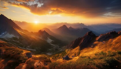 Nature's masterpiece: a dramatic sunset over a majestic mountain range