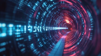 Obraz premium A Digital Tunnel Composed of Spiraling Binary Code with a Glowing Path