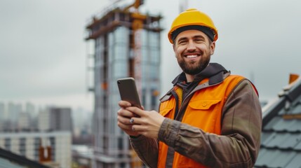 A cheerful construction worker in an orange vest, smiling confidently while holding a smartphone, symbolizes modern industrious spirit.
