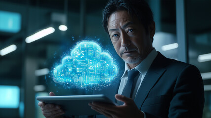 クラウドコンピューティングを操作するビジネスマン