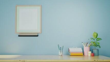 A minimalist workspace against a pale blue wall features colorful books, a framed poster, plants, and organized stationery, epitomizing order and calm.